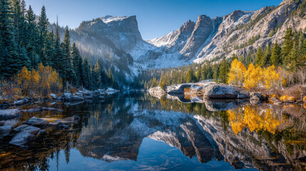 Serene mountain landscape with crystal-clear reflection on calm lake surrounded by fall foliage and towering evergreen trees under a bright blue sky