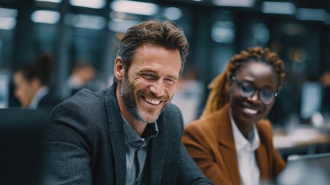 Business professionals collaborate happily in modern office on stock market project while laughing