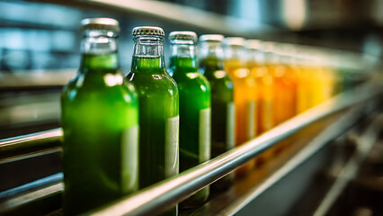 Row of Colorful Green-Dyed Craft Beers with Focused Labels in Brewery