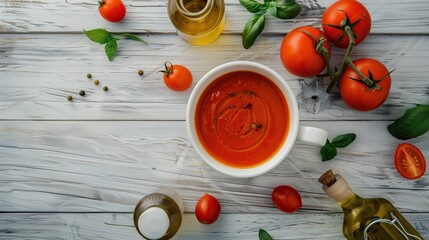 A bright and appetizing still life: a bowl of tomato soup, fresh tomatoes, basil, olive oil and spices on a light wooden surface.