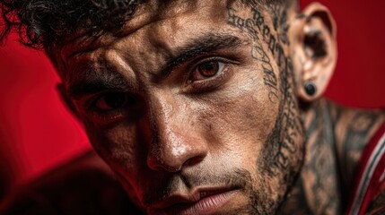 Confident Male model showcases unique fashion and Intense emotion with tattoos on a vibrant red studio background at a realistic high quality shoot