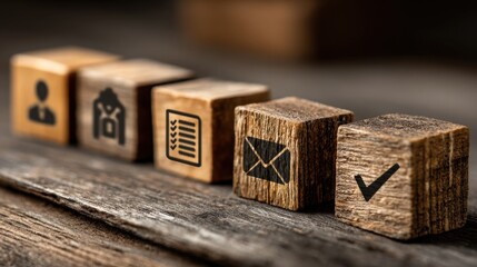 Digital document approval process shown through wooden blocks representing steps in a management system