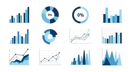 Various types of data charts and graphs in blue tones on a white background isolated on white background