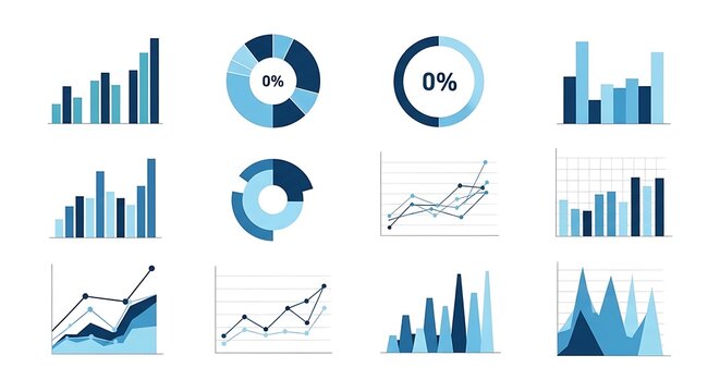 Various types of data charts and graphs in blue tones on a white background isolated on white background