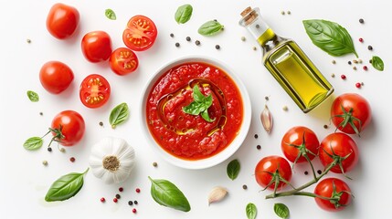 Top-view bowl of rich tomato sauce surrounded by fresh tomatoes, basil, garlic, spices, and olive oil, highlighting natural Mediterranean flavors.