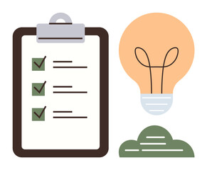 Clipboard with checked items, glowing light bulb, and green cloud. Ideal for planning, brainstorming, productivity, decision-making, innovation goal-setting organization. A simple flat metaphor