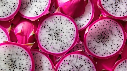 The dragon fruit's white flesh, black seeds, and vibrant pink skin create a colorful, exotic backdrop for food content and design.