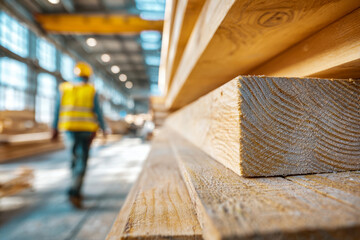 Worker in protective gear walking through large industrial warehouse with neatly stacked wooden planks in sharp focus along bright interior space