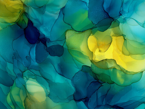 Fluid art composition featuring vibrant blue, green, and yellow ink blending smoothly to create a mesmerizing and colorful abstract background design