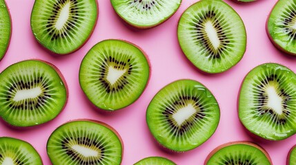 Vibrant green kiwi slices with their distinctive texture and seeds create a fresh, contrasting, and attractive backdrop for food content.