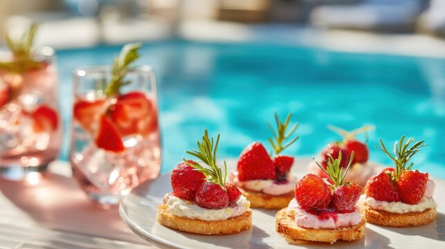 A plate of strawberry shortcakes is set on a table next to a glass of pink drink. The drink is garnished with a strawberry and a sprig of rosemary. The table is set in a poolside setting