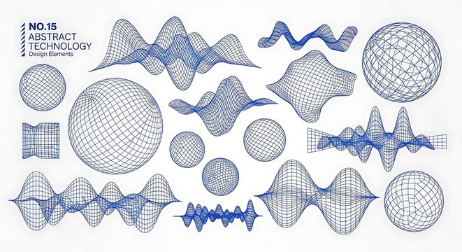 Abstract anthology design with various geometric shapes and patterns isolated on white background