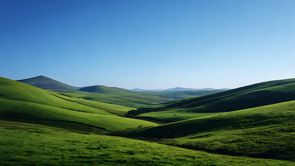 Fototapeta premium Wide Shot of Rolling Green Hills in Ireland with Clear Blue Sky