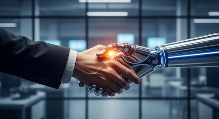 Human Hand Shaking Robot Arm Digital Transformation. human hand in a business suit shaking hands with a sleek, futuristic metallic robotic arm. connection point between the two hands is subtly glowing