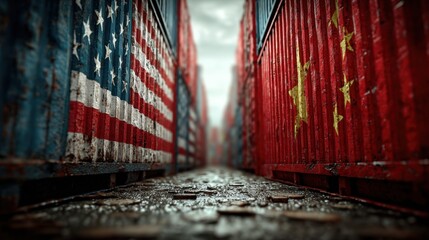 Us and china trade war concept with damaged shipping containers featuring the American flag and chinese yuan symbol, illustrating economic conflict