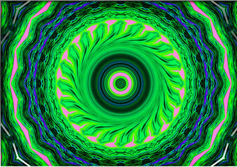 A mesmerizing design featuring concentric circular patterns in shades of green. Pink accents create a striking contrast, adding visual interest.