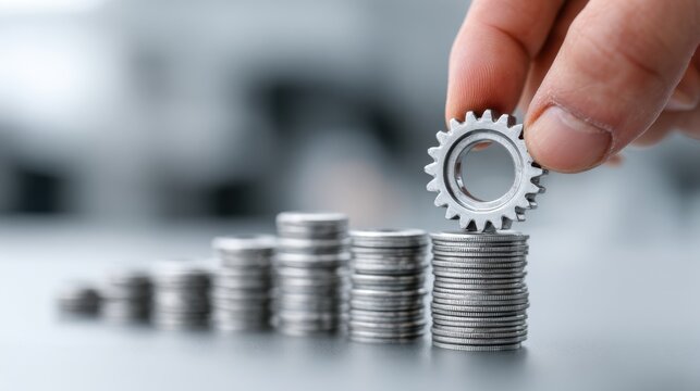 Businessman hand places gear in line, representing business strategy, problem solving and innovative solutions for efficient teamwork and quality improvement