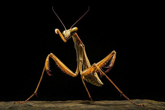 Praying mantis with raised forelegs and sharp mandibles on dark background insect macro
