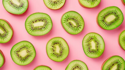 Vibrant green kiwi slices arranged in a seamless pattern on a pastel pink backdrop, ideal for food, freshness, and summer-themed searches.
