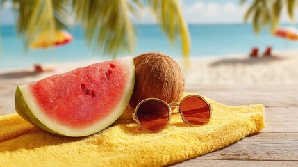 Bright watermelon and coconut sit next to stylish sunglasses on a vibrant towel. The sandy beach and gentle waves create a relaxing summer scene filled with sunshine.
