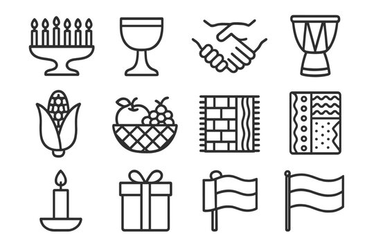Kwanzaa Symbols Assembly. Kwanzaa Community outline icons: kinara, candles, unity cup, joined hands, drum, fruit basket, mkeka mat, African fabric, candlelight, corn, gift, flag.