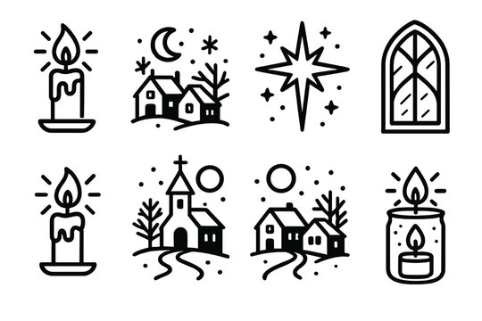 Christmas Candle Glow. Christmas Candle Night of light outline icons: glowing candle, snowy village, shining star, frosted glass, church window, gentle flame, quiet street, full