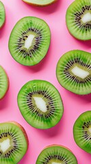 Fototapeta premium Multiple kiwi halves displayed in a repeating layout, showcasing vivid colors and natural texture for tropical, health, and food-related visuals.