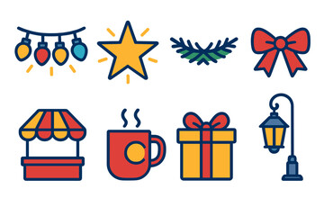Festive Market Icons. Festive Market Lights flat icons: light strand, glowing star, pine garland, ribbon bow, market tent, cocoa mug, gift box, lantern post.