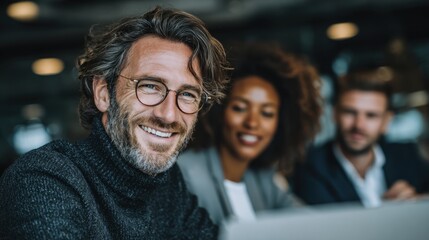 Business professionals collaborate happily in modern office on stock market project while laughing