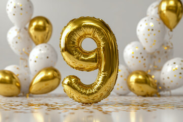 Golden number nine balloon surrounded by elegant white and gold confetti decorated balloons on a stylish reflective surface for a festive celebration theme