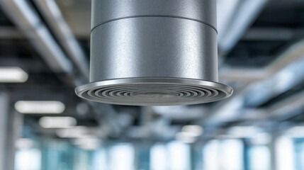 Industrial ceiling air ventilation duct system with circular diffuser for airflow regulation in modern commercial building interior environment