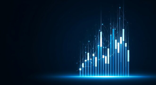 Abstract glowing bar graph on dark background, representing data visualization and financial growth