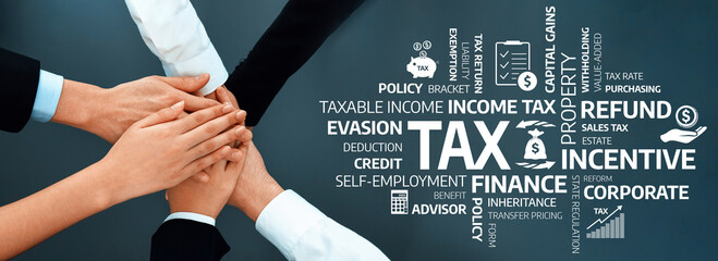 A dynamic representation of teamwork in tax planning, showcasing hands joined together amidst key financial and tax concepts, emphasizing collaboration in strategy and solutions. Amity