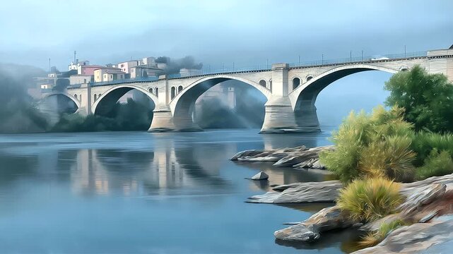 Misty arches reflecting in water, historical romanticism + painterly depth, blurred shoreline for copy.