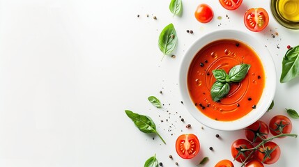 Smooth tomato basil soup in a white bowl, surrounded by cherry tomatoes, herbs, oil, and seasonings for a fresh culinary look.