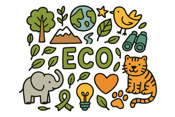 Eco Initiative Doodles. Eco-friendly initiatives. Hand-drawn doodle illustration of eco-friendly initiatives.