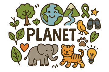 Obraz premium Planet Care Doodle. Planet care. Hand-drawn doodle illustration of planet care. Globe, tree, river, mountain,