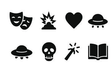 Iconic Movie Genres. Movie genres. Filled icon set of Movie genres: comedy mask, drama mask, action explosion,