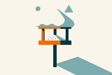 Minimalist Winter Bird Feeder. Snow-covered bird feeder. geometric sans heavy, flat fills, long angled