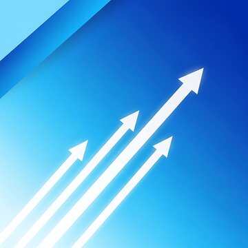 Abstract blue background with white arrows pointing upwards indicating business growth and success