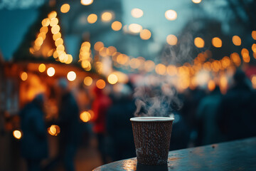 Steaming cup of hot drink at a festive Christmas market, surrounded by glowing bokeh lights and a cozy winter atmosphere