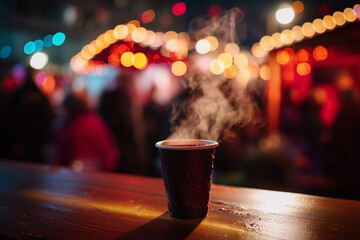 Steaming cup of hot drink at a festive Christmas market, surrounded by glowing bokeh lights and a cozy winter atmosphere