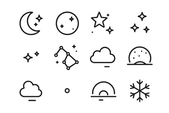 Winter Night Icons. Winter night sky with stars. Line outline icon set of Winter night sky with stars: