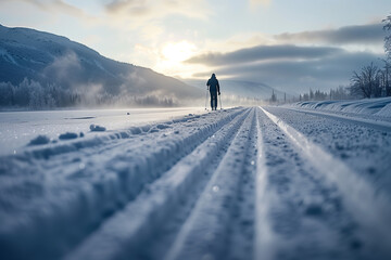Lone cross-country skier gliding along a sunlit snowy trail, surrounded by winter landscapes and long morning shadows