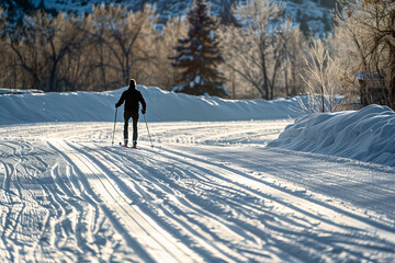 Lone cross-country skier gliding along a sunlit snowy trail, surrounded by winter landscapes and long morning shadows