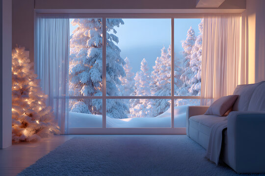 Cozy Interior View of Snowy Winter Landscape Through Large Window - Powered by Adobe
