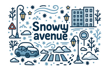 Naklejka premium Snowy Avenue Doodle. Snowy avenue. Hand-drawn doodle illustration of Snowy avenue. street lamps, snowy road,