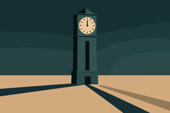 Midnight Clock Countdown. Midnight clock countdown minimalist flat illustration of a towering clock striking