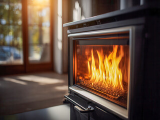 Modern wood-burning stove with bright flames providing warm ambiance in cozy living room illuminated by natural sunlight through large windows