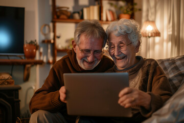 Happy senior couple relaxing at home, smiling while using a laptop together in a warm, cozy holiday atmosphere with glowing Christmas lights